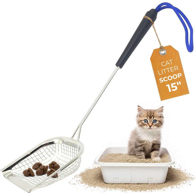 Sand Dipper Metal Cat Litter Scoop â€“ Long Handle Cat Poop Scooper for Litter Box (15â€), Heavy-Duty Stainless Steel Kitty Litter Scoop (Scoop) - Image 1